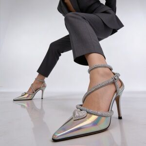 Mach & Mach Crystal Heart Iridescent Ankle-Strap Pumps Size 38 - US 8